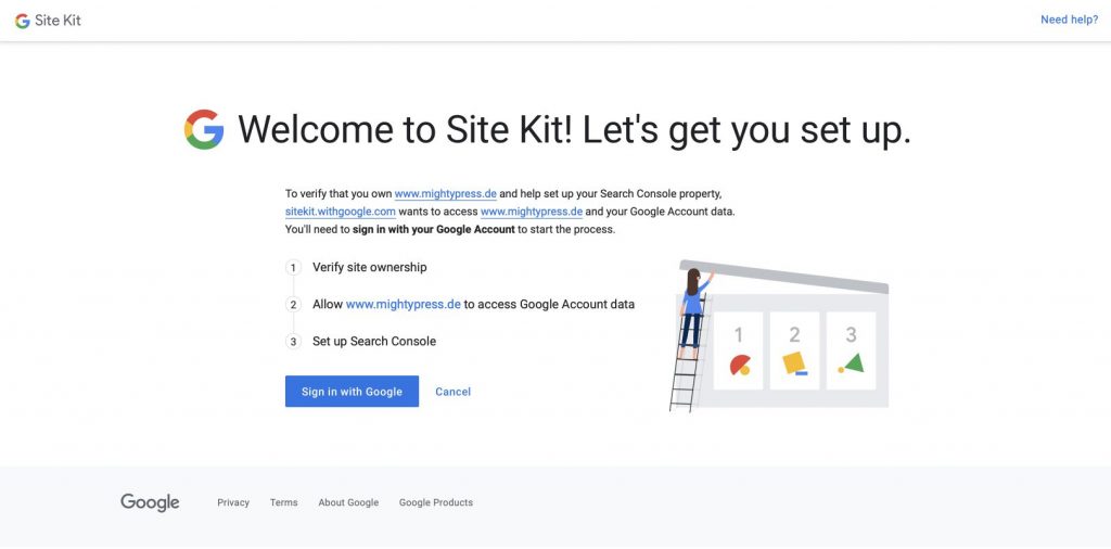 Setup Prozess des Google Site Kit Plugins. Das Plugin erkennt deine WordPress Website und möchte eine Verifizierung.