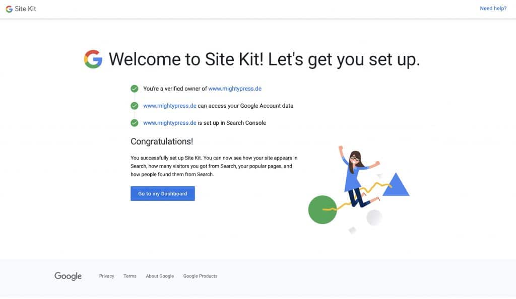 Das Site Kit Plugin wurde erfolgreich für die WordPress Seite eingerichtet.