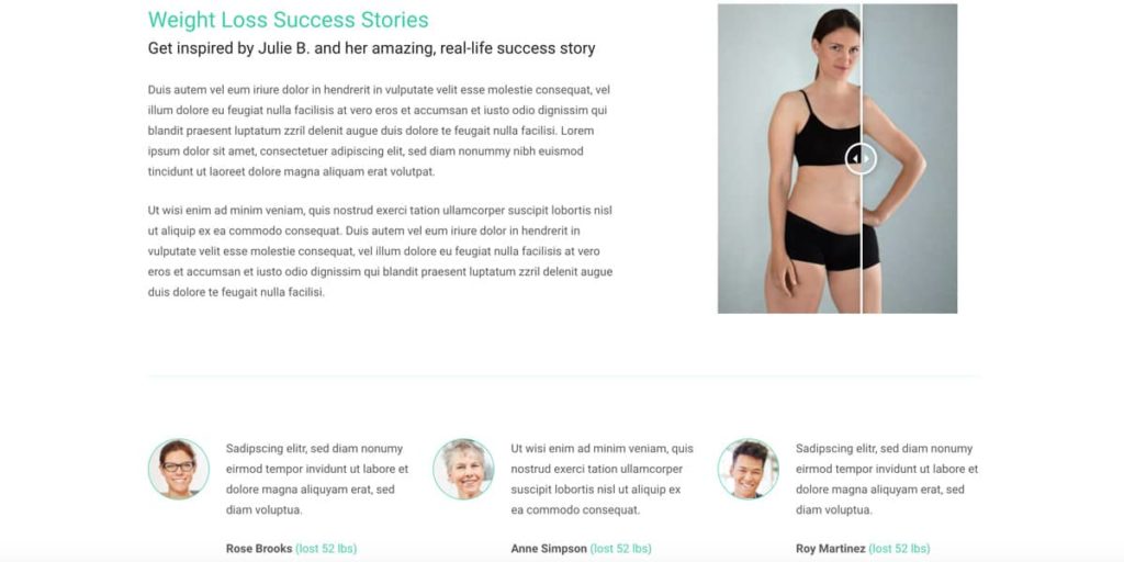 Testimonials and a before and after slider are part of the theme